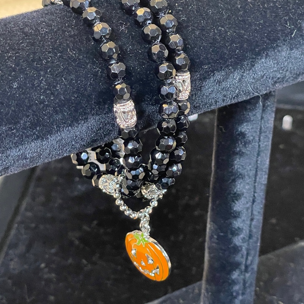 Cookie Lee Black Beaded Bracelet with Orange Pumpkin Charm